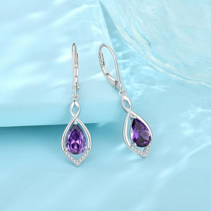 Infinity Teardrop Earrings 925 Sterling Silver Dangle Drop Leverback Earrings Birthstone Jewelry for Women - color: Purple