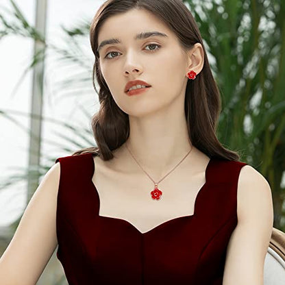 EleQueen Rose Flower Necklace Earrings Bracelet Set for Women - color: 04_Red Necklace+Earrings+Bracelet