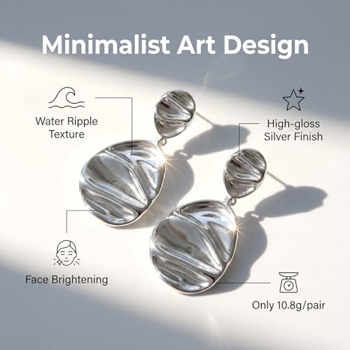 14K Gold Plated Texture Geometric Earrings, Simple Oval Hammered Hoop Drop Dangle Earrings for Women, Lightweight Dangly Minimalist Jewelry - color: Teardrop-Silver
