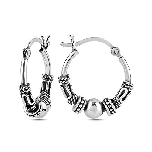 LeCalla 925 Sterling Silver Oxidized Balinese Hoops Earring Jewelry Small Antique Bali Beaded Hoop Earrings for Women - color: Bali Spiral Bead