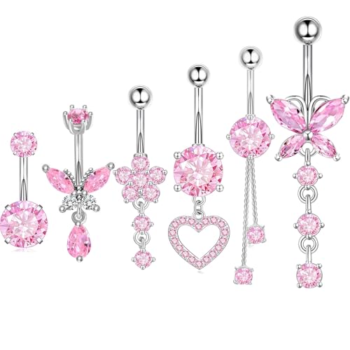 TIANCI FBYJS Surgical Stainless Steel Dangle Belly Button Rings for Women Belly Ring Dangling Piercing Jewelry with Heart Flower Butterfly Silver 14G - color: pink