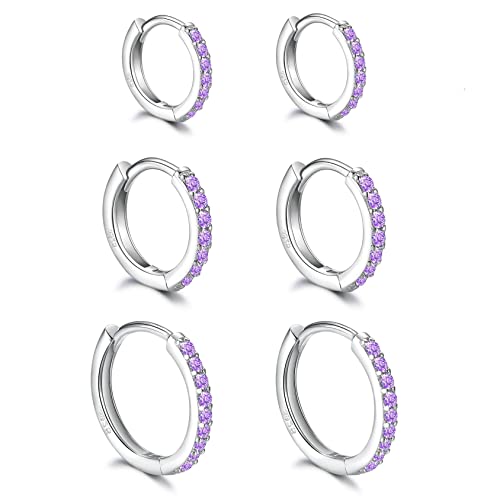 3 Pairs 925 Sterling Silver Small Hoop Earrings for Women Men | Cubic Zirconia, 14K White Gold Plated Huggie Hoop Earrings, Hypoallergenic - style: P-purple cz 8/10/12mm