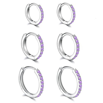 3 Pairs 925 Sterling Silver Small Hoop Earrings for Women Men | Cubic Zirconia, 14K White Gold Plated Huggie Hoop Earrings, Hypoallergenic - style: P-purple cz 8/10/12mm