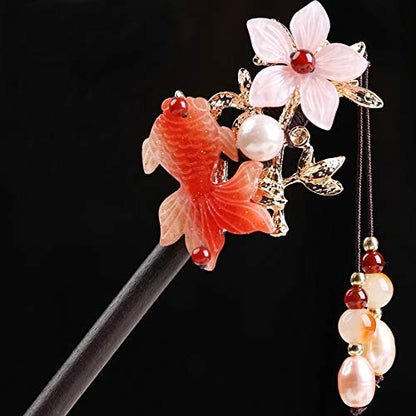 Wooden Hair Pins 7.08" Chinese Goldfish Flower Hair Sticks For Long Hair Buns for Women - color: B