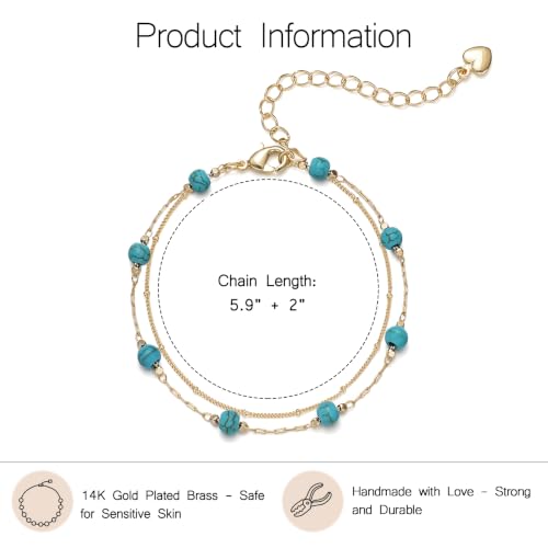 Gold Bracelets for Women Dainty 14K Gold Plated Layered Chain Bracelets Turquoise Green Aventurine Crystal Beaded Bracelets for Women - color: Turquoise