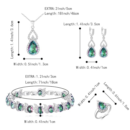 Wedding Jewelry Set for Women Bride Bridesmaid | Gorgeous Cubic Zirconia Teardrop Necklace Earrings Bracelet Adjustable Ring Jewelry Gift for Birthday/Anniversary - color: 16-Vitrail Light Silver-Tone