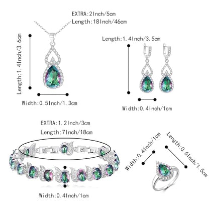 Wedding Jewelry Set for Women Bride Bridesmaid | Gorgeous Cubic Zirconia Teardrop Necklace Earrings Bracelet Adjustable Ring Jewelry Gift for Birthday/Anniversary - color: 16-Vitrail Light Silver-Tone