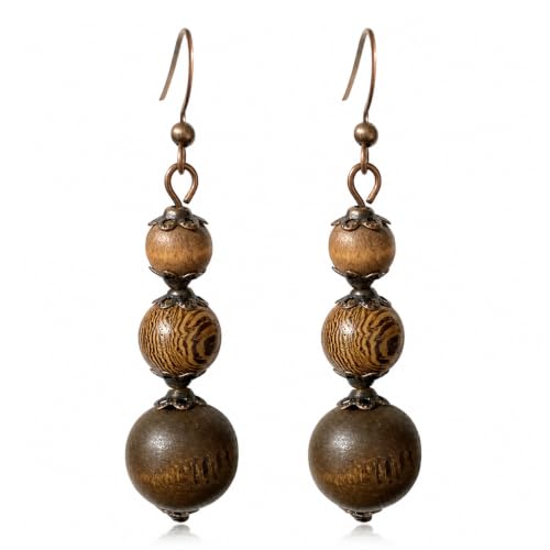 Boho Dangle Earrings for Women, Vintage Bohemian Geometric Round Hollow Drop Hoop Set, Retro Ethnic Tribal Beach Jewelry - color: Brown-3 Wooden Beaded