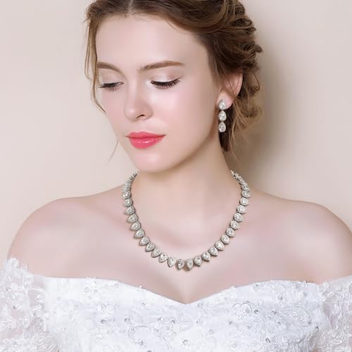 EleQueen Women's Silver-Tone Full Prong Cubic Zirconia Teardrop Bridal Necklace Earrings Set - color: 02-Clear
