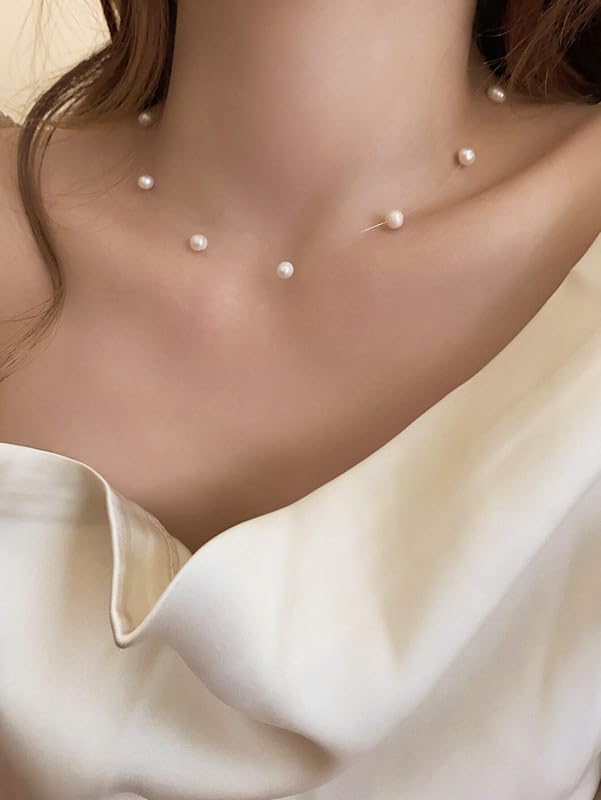 Faux Pearl Strand Choker Necklace Invisible Line Tiny Pearl Choker Chain String Necklace Clavicle Chain Vintage Baroque Style Bridal Beaded Necklace Jewelry Accessories Party Gift for Women Friends