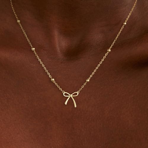Thaivor Necklace for Women Dainty Bow Necklace 14K Gold Plated Cute Choker Small Pendant Charm Necklaces Teen Gift Trendy Stuff Personalized Jewelry Gifts - color: Gold-Bead-1