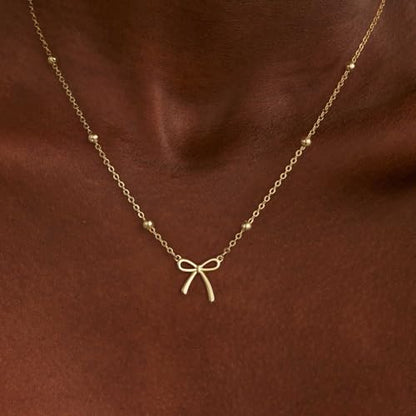 Thaivor Necklace for Women Dainty Bow Necklace 14K Gold Plated Cute Choker Small Pendant Charm Necklaces Teen Gift Trendy Stuff Personalized Jewelry Gifts - color: Gold-Bead-1