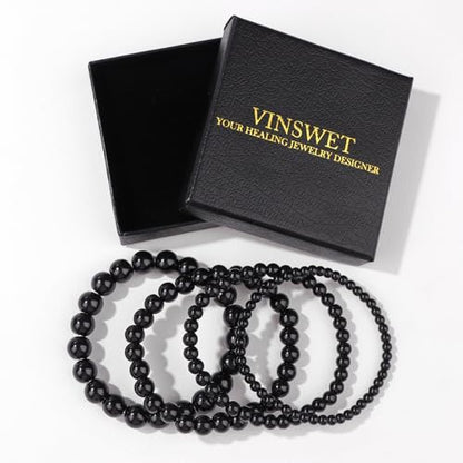 Vinswet 4pcs Beaded Bracelets for Women,Natural Healing Crystal Gemstones Bracelet,Anxiety Stress Relief Bracelet Handmade purple Jewelry Gifts for Women - color: Black Obsidia