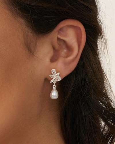 Pearl Earrings - 14K Gold/White Gold/Rose Gold Plated Cubic Zirconia CZ Diaomond Accented Pearl Drop Dangle Earrings for Women Wedding Bridal Prom - color: Silver Leaf drop