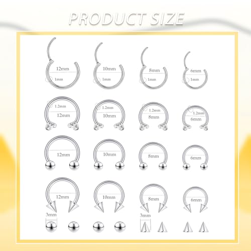 16G Hinged Clicker Segment Septum Rings Stainless Steel CZ Septum Jewelry Horseshoe Nose Lip Ring with Replacement Balls 3mm Cartilage Helix Tragus Earrings Daith Piercing Jewelry 6/8/10/12mm - style: 16S