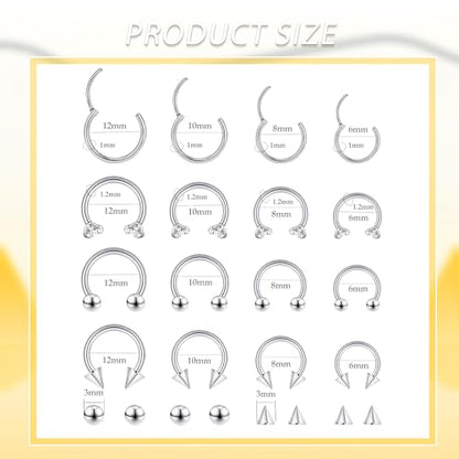 16G Hinged Clicker Segment Septum Rings Stainless Steel CZ Septum Jewelry Horseshoe Nose Lip Ring with Replacement Balls 3mm Cartilage Helix Tragus Earrings Daith Piercing Jewelry 6/8/10/12mm - style: 16S