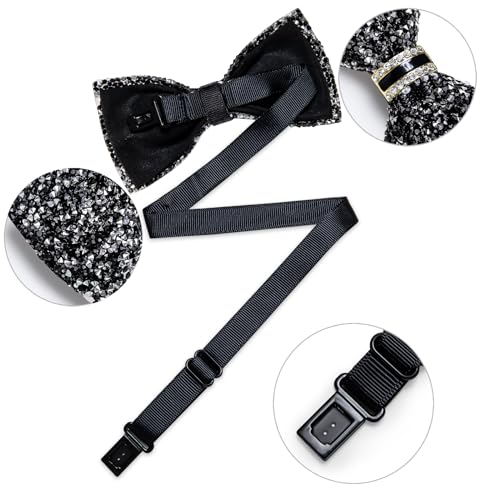 DiBanGu Mens Rhinestone Bow Tie with Ring and Lapel Pin Set | Adjustable Strap,Pre-tied Style,3PCS,Sequin Diamond Bowties，Solid/Mix Color,Shiny Accessory,for Party Prom Banquet Wedding - color: Black Silver