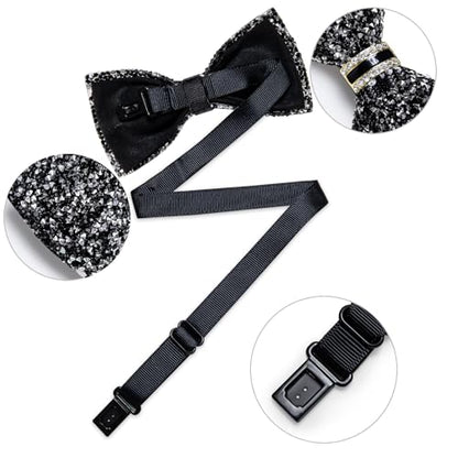DiBanGu Mens Rhinestone Bow Tie with Ring and Lapel Pin Set | Adjustable Strap,Pre-tied Style,3PCS,Sequin Diamond Bowties，Solid/Mix Color,Shiny Accessory,for Party Prom Banquet Wedding - color: Black Silver