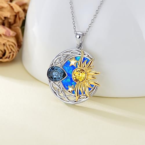 AOBOCO 925 Sterling Silver Moon Sun Star Necklace Celtic Jewelry for Women Girls - color: Silver&Gold&Blue Opal
