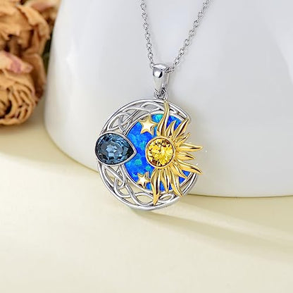 AOBOCO 925 Sterling Silver Moon Sun Star Necklace Celtic Jewelry for Women Girls - color: Silver&Gold&Blue Opal