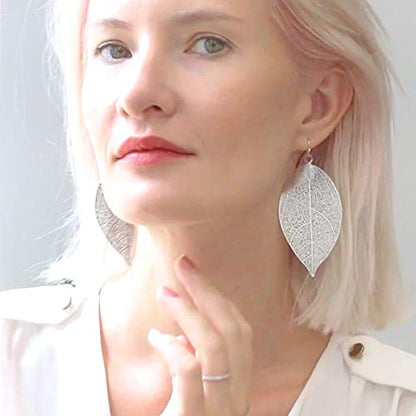 Leaf Earrings for Women - Gold or Silver Tone Filigree Dangle Earrings | Plated in Gold Tone or Silver Tone - color: 3.5" inch - Large Silver