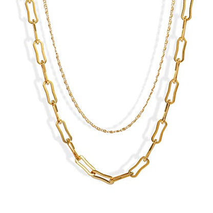 Elegance 11 designs Gold/Silver Stainless Steel Layered Set Necklace Square Linear Paperclip Figaro Chain Flat Chain Thick Short Metal Men's Women's Pop Necklace - color: Gold 2 Layers