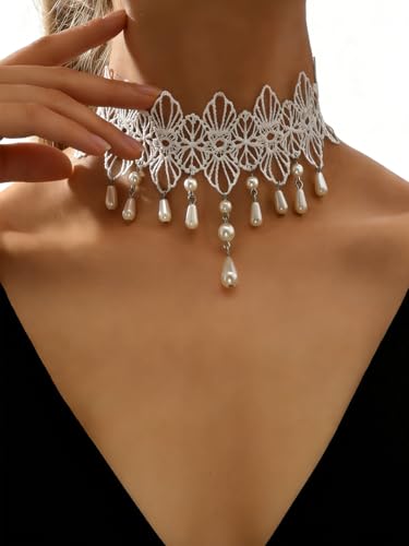 Lace Choker Necklace for Women Tassel Pendant Choker Necklaces Elegant Boho Collar Necklaces Statement Artistic Chain Necklace with Pearl Halloween Party Cosplay Costume Jewelry - color: White Lace Pearl-2