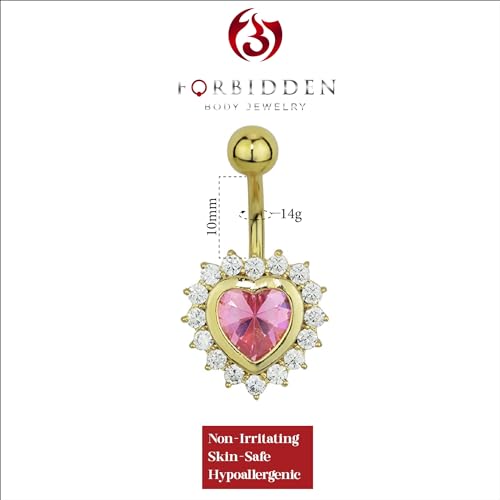 Forbidden Body Jewelry 14k Gold Plated Surgical Steel Fancy CZ Crystal Framed Pink Heart Belly Button Ring