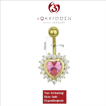 Forbidden Body Jewelry 14k Gold Plated Surgical Steel Fancy CZ Crystal Framed Pink Heart Belly Button Ring