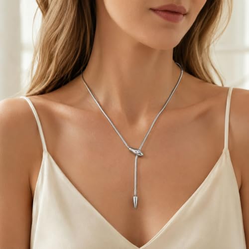 Snake Chain Lariat Necklace for Women Gift Fashion Accessory Y Necklace Slider Bead Drop Pendant Gold Tone or Silver Tone - color: A2：silver