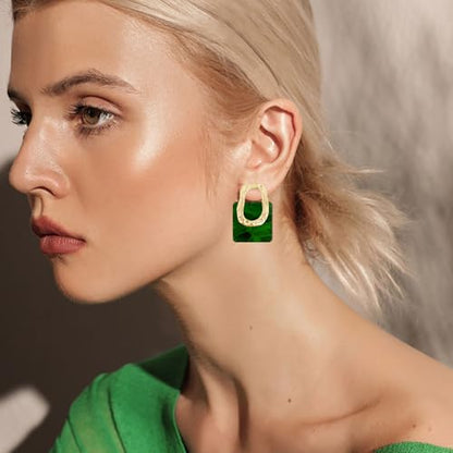 70s 80s Acrylic Hollow Round Geometric Dangle Drop Earrings Retro Square Oval Stud earrings For Women - style: Green