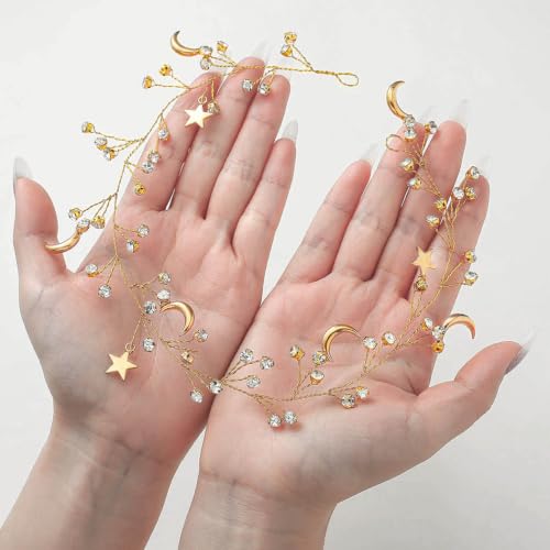 Casdre Star Rhinestone Hair Vine Gold Moon Headpiece Bridal Headband Crystal Bride Wedding Hair Accessories for Women and Girls