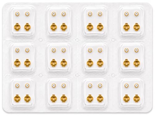 Caflon April Birthstone Stud Earrings - 12 Pairs Clear Crystal Studs, 3/4/5mm | Surgical Steel Starter & Piercing Studs, Sterilized & Individually Sealed | Hypoallergenic Nickel-Safe for Newly Pierced & Sensitive Ears - color: 24K Gold Plated, size: 3mm