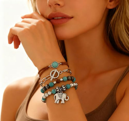 LOTSOF Western Turquoise Beaded Bracelet, Chic Stack Beaded Western Style for Country Concerts, Cowgirl Outfits & Boho Jewelry - color: Elephant Style