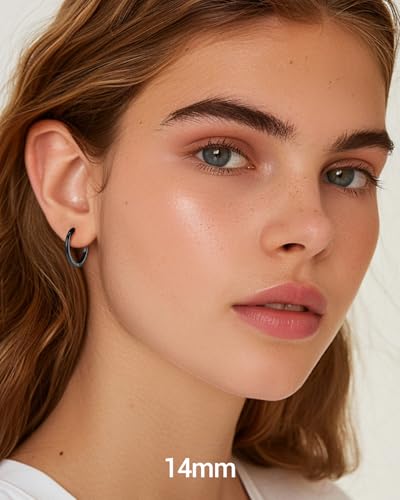 PROSTEEL Huggie Hoop Earrings For Women with 925 Sterling Silver Post | 8/10/12/14/16/18/20mm,14K Gold Plated/Black/Rose Gold/Silver Brass Lightweight Cubic Zirconia Cartilage Piercing Earring - color: 1. Black, size: 14mm
