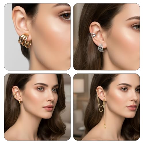 60 Pcs Non Piercing Ear Cuffs Earrings Women Ears Clip on Cartilage Earring Adjustable Fake Earrings Ear Wrap Earring Jewelry for Helix Cartilage, Silver Gold