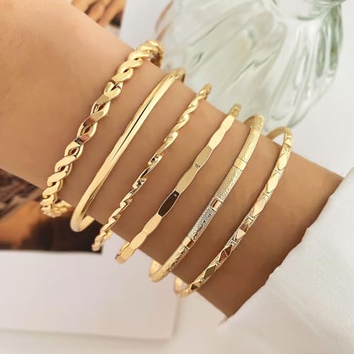 6 Pcs Gold Plated Bracelet Set for Women: Bangles, Cuffs & Dainty Chains | 14K Mixed Stackable Bracelets for Layered Look, Complete Jewelry Collection Gift - color: Color1