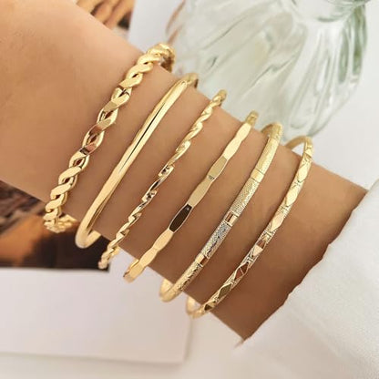 6 Pcs Gold Plated Bracelet Set for Women: Bangles, Cuffs & Dainty Chains | 14K Mixed Stackable Bracelets for Layered Look, Complete Jewelry Collection Gift - color: Color1
