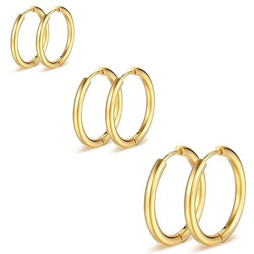 Silver Gold Hoop Earrings for Women Men, 316L Surgical Stainless Steel Huggie Hoop Earrings Set Hypoallergenic Small Cartilage Earrings Lightweight Hoop Earrings Huggie Set - color: Gold--8/10/12mm