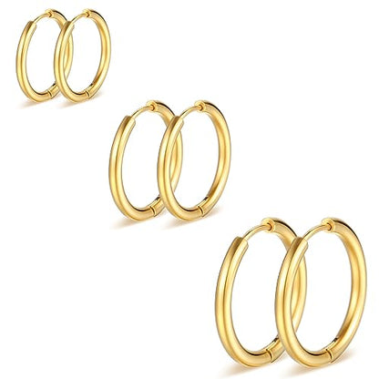 Silver Gold Hoop Earrings for Women Men, 316L Surgical Stainless Steel Huggie Hoop Earrings Set Hypoallergenic Small Cartilage Earrings Lightweight Hoop Earrings Huggie Set - color: Gold--8/10/12mm
