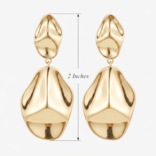 Harlermoon Chunky Gold Statement Earrings for Women 14K Gold Plated Sculptural Curved Dangle Drop Studs Hypoallergenic Geometric Jewelry Gift