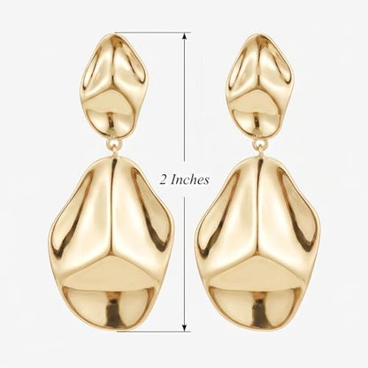 Harlermoon Chunky Gold Statement Earrings for Women 14K Gold Plated Sculptural Curved Dangle Drop Studs Hypoallergenic Geometric Jewelry Gift