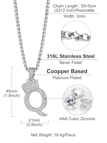 Richsteel Silver Crown Initial A-Z Letter Pendant Necklace for Men Women | Cubic Zirconia Monogram, 316L Steel Chain, 22" + 2" Extender,Hypoallergenic,Gift Box, Hip Hop Jewelry - style: Q