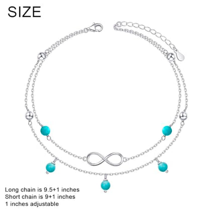 Flyow Anklet for Women S925 Sterling Silver Adjustable Foot Beaded Heart Charm Ankle Bracelet Anklets Jewelry - style: Turquoise infinity