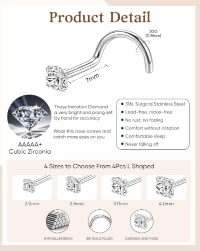8Pcs 20G Gold/Silver 316L Surgical Stainless Steel L Shaped Corkscrew Nose Studs earrings, Hypoallergenic Nickel Free Tiny Clear Cubic Zirconia Nose Piercing Jewelry 2mm‑4mm,cartilage piercings, Minimalist Dainty Body Piercing Accessories for Sensitive Sk