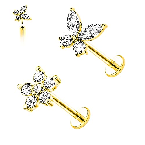 VERAMI 16G Surgical Steel Pushin Lip Rings Butterfly Flower Bee Nose Stud Rings Top Push in Threadless Flat Back Nose Rings Studs Cartilage Earrings for Womens - color: STYLE-4