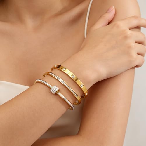 Gold Bangle Bracelets for Women, 18K Gold Plated Stainless Steel Stackable Bangles, Non-Tarnish Trendy Jewelry, Ideal Gift for Birthday Anniversary - color: Gold-2