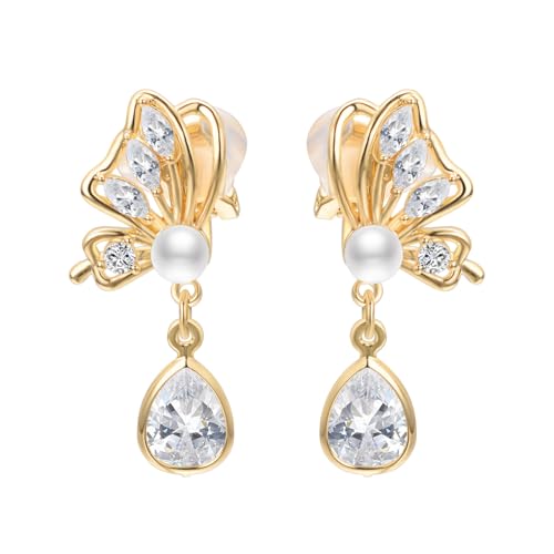 Yoursfs Clip On Pearl Butterfly Earrings for Women Bow Pearl Dangle Earrings Rhinestone Gold Dangle Earrings 18K Gold Plated Jewelry