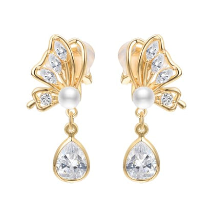 Yoursfs Clip On Pearl Butterfly Earrings for Women Bow Pearl Dangle Earrings Rhinestone Gold Dangle Earrings 18K Gold Plated Jewelry