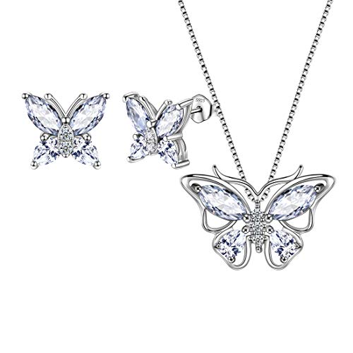 Aurora Tears Butterfly Jewelry,Women 925 Sterling Silver Butterflies Birthstone Pendant Necklace/Earrings/Rings Wedding Gift - color: D.April-set 1